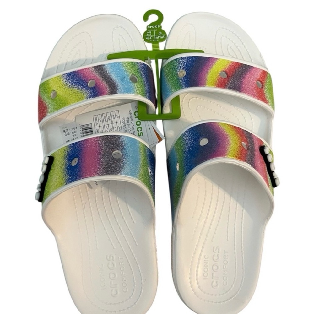 Crocs Unisex Classic Tie Dye Sandals White/SprayTwo-Strap M12 W14 NEW WITH TAG